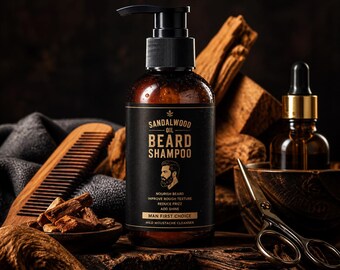 Shampoo da barba al sandalo, detergente per barba da uomo che ammorbidisce e controlla l'effetto crespo.