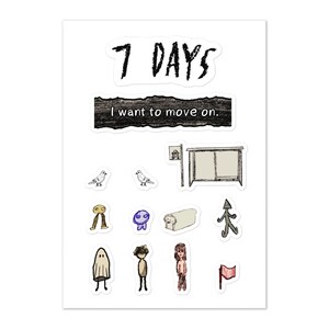 Può includere: Un foglio di adesivi con varie illustrazioni disegnate a mano. Il testo "7 DAYS" è in alto, con "I want to move on." sotto. Altre immagini includono piccioni, una fermata dell'autobus e diverse figure stravaganti. La tavolozza dei colori è principalmente in bianco e nero.