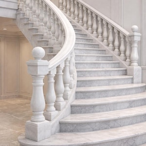 May include: A grand, curved marble staircase with white balustrades and steps. The staircase features a classic design with intricate details, creating an elegant and luxurious aesthetic. The steps and balustrades are made of a light gray marble.