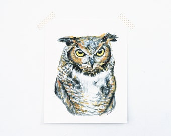 Owl 8x10 Art Print - Great Horned Owl Woodland Giclée Print