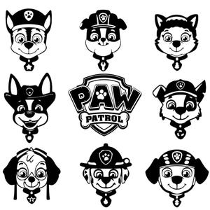 May include: Black and white illustrations of various cartoon dog faces, each wearing a different hat or helmet. The Paw Patrol logo is also featured, with the words "Paw Patrol" and a paw print.