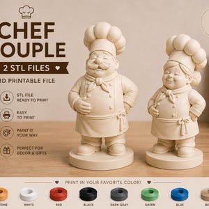 Könnte beinhalten: Zwei beige 3D-druckbare Kochfiguren, eine größer und eine kleiner, beide mit Kochmützen, Halstüchern und Schürzen. Der Text lautet CHEF COUPLE, 2 STL FILES, 3D PRINTABLE FILE, STL FILE READY TO PRINT, EASY TO PRINT, PAINT IT YOUR WAY, PERFECT FOR DECOR & GIFTS, STL FILE und PRINT IN YOUR FAVORITE COLOR mit Farbmustern.