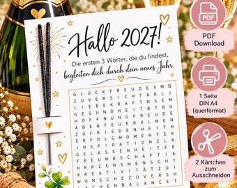 Può includere: Una carta bianca con il testo Hallo 2027 e un gioco di ricerca parole in tedesco. La carta presenta illustrazioni di cuori e stelle dorate, un trifoglio verde e due stelline scintillanti nere fissate a sinistra. Tre icone rosa a destra indicano il download PDF, il formato A4 e le forbici per ritagliare.