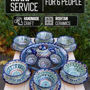 Uzbek Ceramic Dinner Set for 6, Rishtan Pottery Lyagan, Handmade Tableware, Tea Set with Teapot, Oriental Serving Dishes