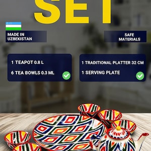 Può includere: Servizio da tè in ceramica di Rishtan Ceramics, composto da una teiera, sei tazze da tè, un piatto tradizionale (32 cm) e un piatto da portata. Il set, realizzato in Uzbekistan, presenta un vivace motivo geometrico in rosso, giallo, blu e verde.