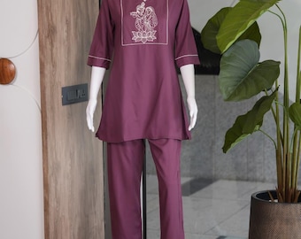 Slub Cotton Kurti Palazzo Set, Women's Casual Ethnic Two-Piece Outfit