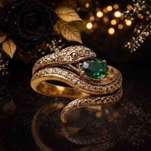 Pode incluir: Um anel de cobra dourado com uma grande pedra preciosa oval esmeralda. O corpo da cobra é incrustado com pequenas pedras preciosas transparentes. O anel está sobre um fundo escuro com detalhes florais desfocados.
