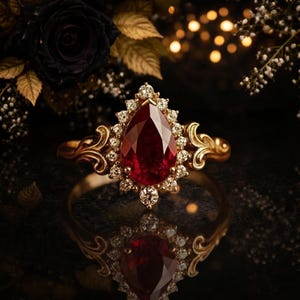 Op de afbeelding: Een gouden ring met een grote, druppelvormige, dieprode edelsteen omringd door kleinere diamanten. De ring heeft een sierlijk, filigraan ontwerp op de band en rond de centrale steen. De achtergrond is donker met vage lichten en bloemaccenten.