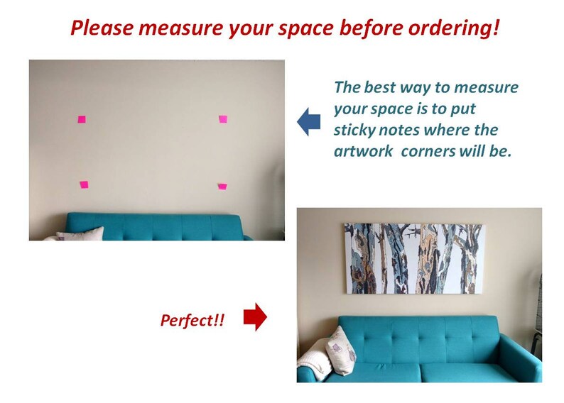 May include: A teal sofa with a white throw pillow sits in front of a wall with pink sticky notes. The text "Please measure your space before ordering!" and "The best way to measure your space is to put sticky notes where the artwork corners will be." is written above the image. The text "Perfect!!" is written below the image.