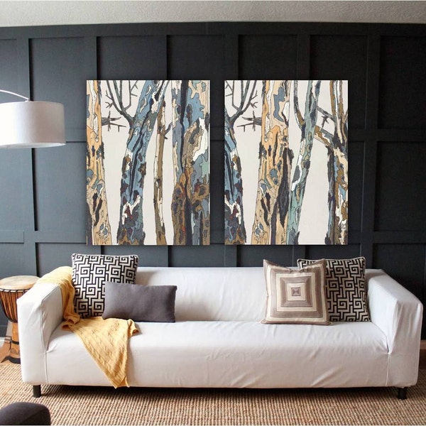 Extra Large wall art pastel decor statement diptych set oversized canvas art print trees bedroom living dining room above couch sofa