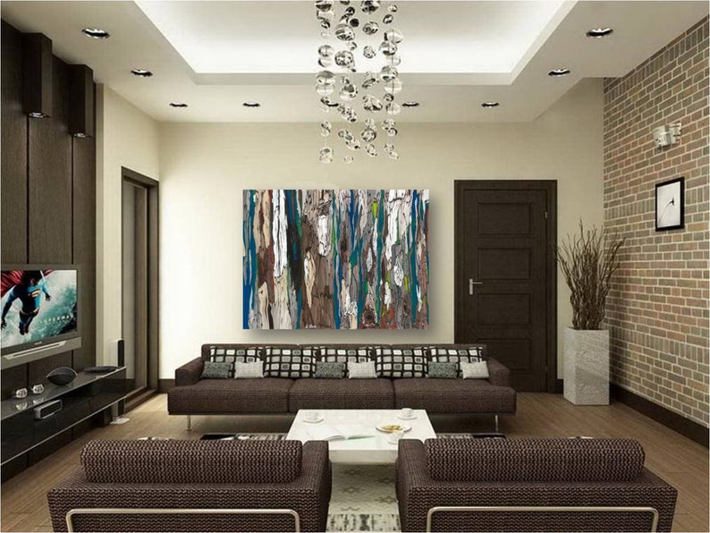 Oversized masculine art, Extra LARGE wall Art, bedroom artwork, abstract canvas art, blue dining living room home wall art, office decor image 3