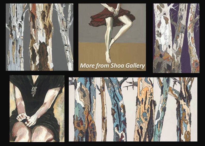 May include: A collage of six paintings featuring abstract tree bark patterns in various colors, including white, brown, blue, and orange. The text "More from Shoa Gallery" is visible in the center of the collage.