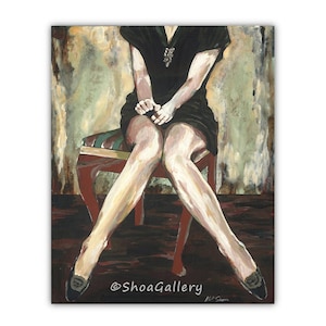 May include: A painting of a person sitting on a stool with their legs crossed. The person is wearing a black dress and has their hands in their lap. The background is a textured, abstract design in shades of green, brown, and yellow.