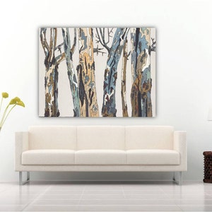 May include: Abstract painting of a forest scene with trees in shades of blue, brown, and beige. The trees are depicted in a stylized manner, with their bark appearing textured and layered.