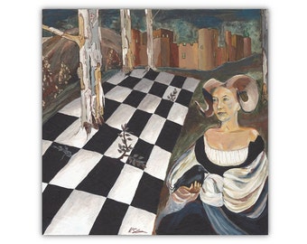 Surrealist artwork, ORIGINAL goth painting, chess board, black white wall art, canvas wall art, fireplace decor, office family room decor