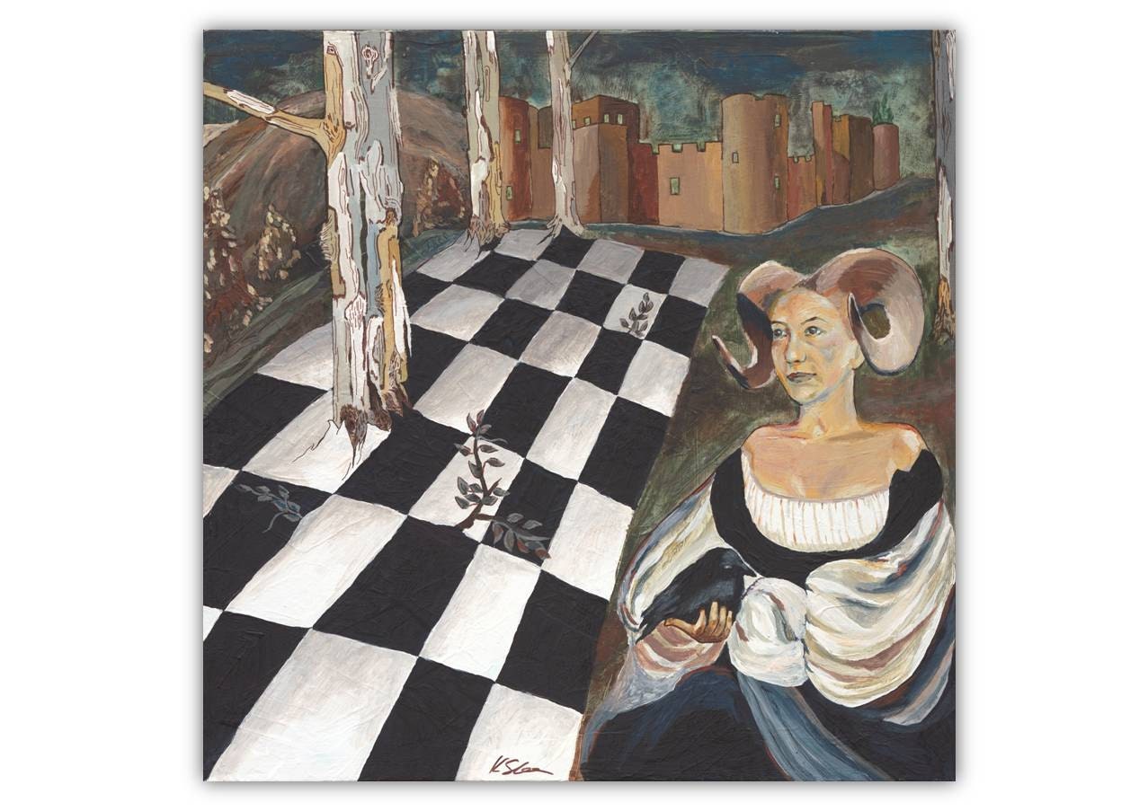 Surrealist artwork, ORIGINAL goth painting, chess board, black white wall art, canvas wall art, fireplace decor, office family room decor