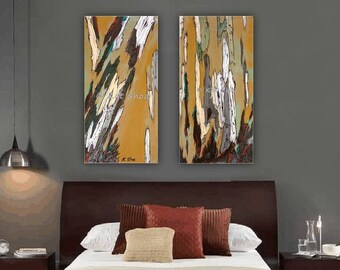 Yellow gold diptych artwork, wall decor, canvas prints, large wall art set, tree art, abstract landscape, office bedroom living dining room