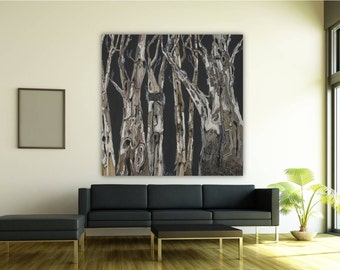 Masculine Oversized Wall Art, square art print; extra large artwork, black and white canvas giclee, living dining room kitchen bedroom trees