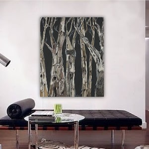 May include: Abstract painting of a forest scene with multiple trees in shades of brown, white, and gray against a black background.
