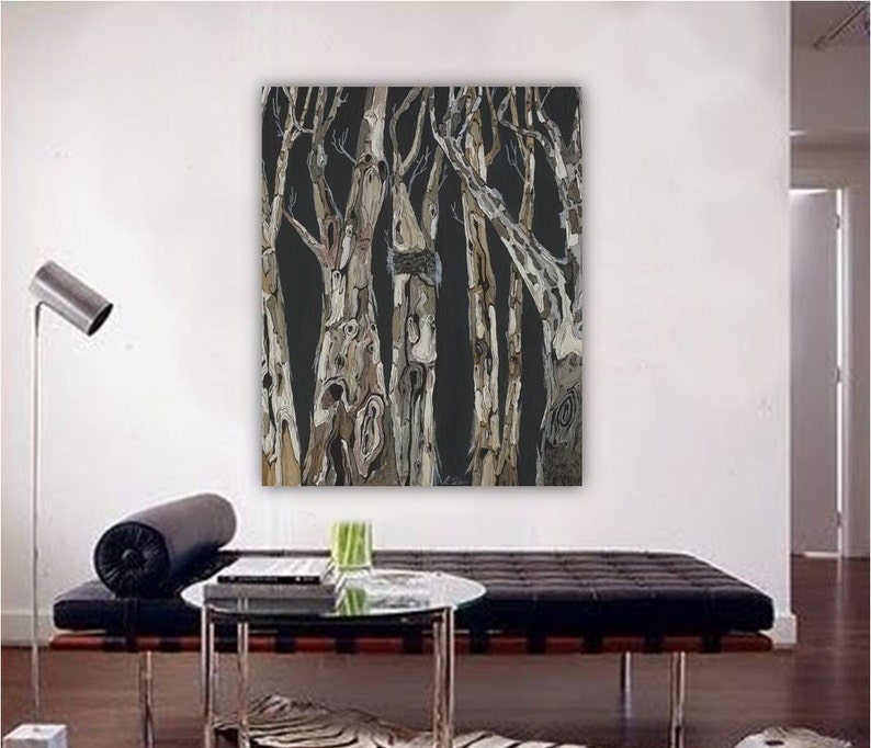 May include: Abstract painting of a forest scene with multiple trees in shades of brown, white, and gray against a black background.