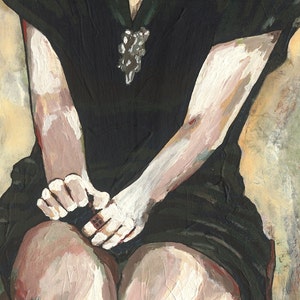 May include: A painting of a person wearing a black dress with a silver pendant. The person's arms are crossed and their hands are visible. The background is a light beige color.