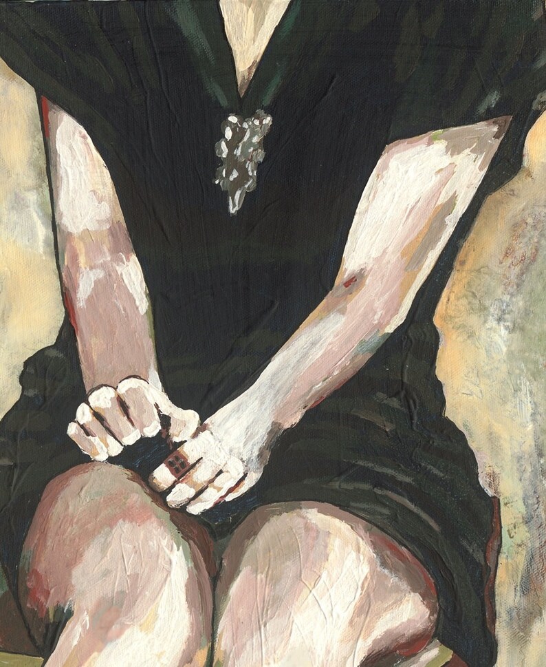 May include: A painting of a person wearing a black dress with a silver pendant. The person's arms are crossed and their hands are visible. The background is a light beige color.