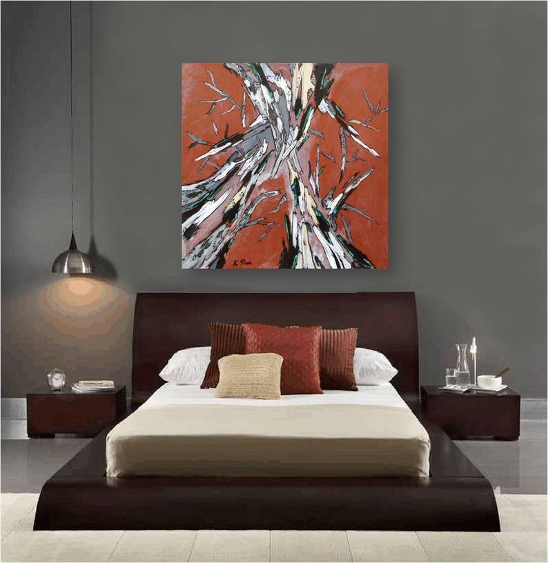 Extra large dining room wall art Orange artwork Tree Art Etsy