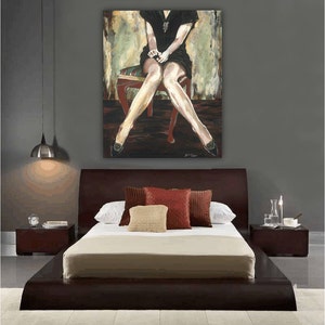 May include: A dark wood platform bed with a beige headboard and a white comforter. The bed has a painting of a woman sitting on a stool above the headboard. The painting is in shades of brown, green, and black.