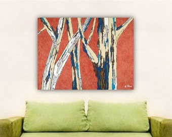 Tree art, ORIGINAL orange artwork, acrylic painting, large wall art, modern trees orange blue white canvas abstract landscape dining room