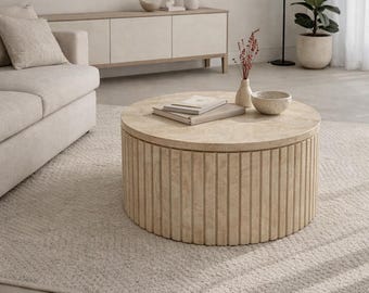 Mesa de centro redonda de travertino – Mesa de piedra natural hecha a mano – Decoración minimalista moderna para sala de estar