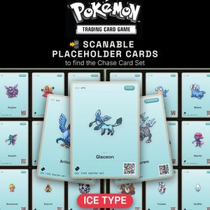 May include: A collection of light blue Pokémon Trading Card Game placeholder cards featuring various characters like Glaceon, Articuno, and Walrein. Each card displays a character illustration, a QR code, and the text ICE TYPE MASTER SET.