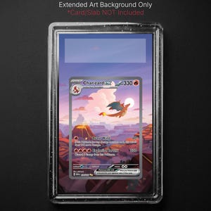 May include: A Charizard EX Pokémon card is displayed inside a clear protective case. The card features a fiery orange dragon against a sunset landscape. Text on the card includes "Brave Wing" and "Explosive Vortex". The case is labeled "DIGITAL DOWNLOAD".