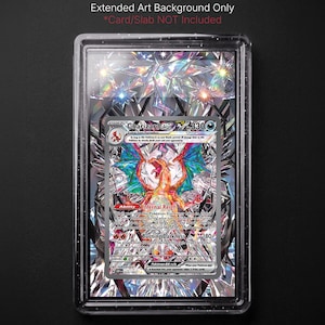 May include: A Charizard EX Pokémon card is encased in a clear protective case. The card features a vibrant illustration of Charizard with fiery wings and a detailed background. The text "DIGITAL DOWNLOAD" and "Extended Art Background Only" are visible.