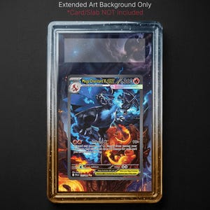 May include: A Mega Charizard X EX trading card, encased in a protective slab. The card features a fiery dragon illustration with blue and orange hues. The text "DIGITAL DOWNLOAD" and "COLLEX" are visible.