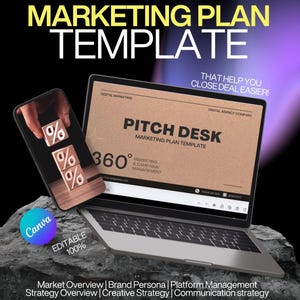 Plantilla de plan de marketing en Canva / Presentación 360 para campañas / Estrategia de redes sociales / Perfil de marca / Presentación de marketing digital editable