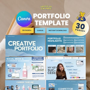 Könnte beinhalten: Eine digitale Portfolio-Vorlage für Canva mit über 30 Seiten in Blau- und Weißtönen. Das Design enthält Abschnitte für kreative Portfolios, Highlights, Social-Media-Management, Erfolgsgeschichten, Karriere-Zeitpläne und Wettbewerbsanalysen.