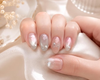 Y2K Cat Eye Press On Nails: Star Rhinestone Almond Gel Art (Handmade)