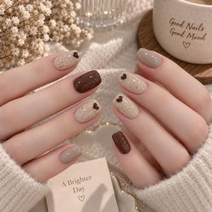 Puede incluir: Uñas manicuradas con una paleta de colores de esmalte marrón oscuro sólido, color topo claro sólido y beige moteado. Varias uñas están acentuadas con pequeñas calcomanías en forma de corazón de color marrón oscuro. Uñas con bordes redondeados.