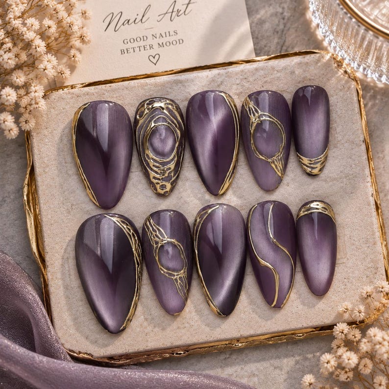 Purple Chrome Press-on Nails, Gold Abstract Art, Almond Fake Nails ...