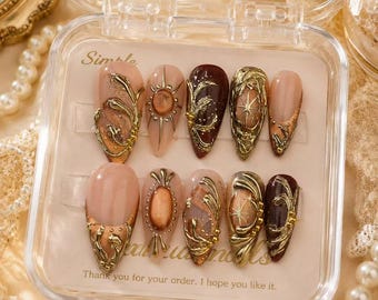 Cat Eye  Gemstone Press On Nails, Gold Charm Designer  Nails,Emerald Inspired Nail Set