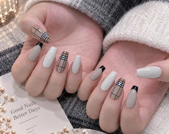 Beige Plaid Press On Nails, Black French Tip Nails, Neutral Preppy Handmade Nail Set