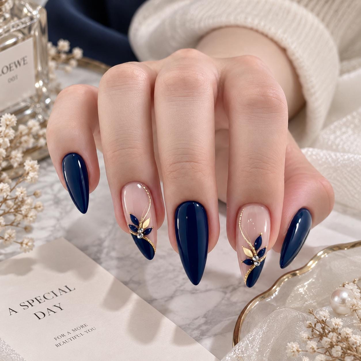 Navy Blue and Gold Press on Nails