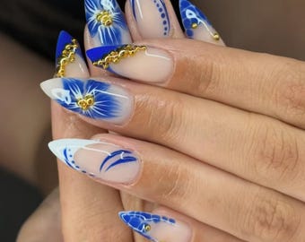 Cat Eye Press On Nails:/Handmade clay flowers nails/Custom Fit (Birthdays)
