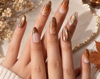 Handgefertigte künstliche Fingernägel mit Schmetterlingsmotiv aus Bronze, Chrom-Mandel-Optik, Goldflügel-Design (individuell anpassbar)