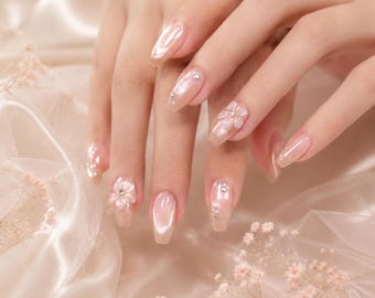 Cat Eye Press On Nails:/3D Flower/Custom Fit (Birthdays)