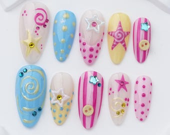 Y2K Cat Eye Press On Nails: Star Rhinestone Almond Gel Art (Handmade)