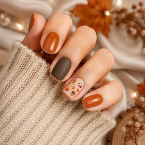 Peut inclure: Une main aux ongles manucurés présentant un mélange de vernis orange brûlé brillant, marron foncé mat et un ongle accent nude décoré de petites illustrations de feuilles d'automne et de baies, avec une manche de pull en maille côtelée beige.