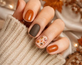 Cat Eye Gemstone Press On Nails, Autumn-style nails, Hand-drawn cartoon leaves and pineconesa