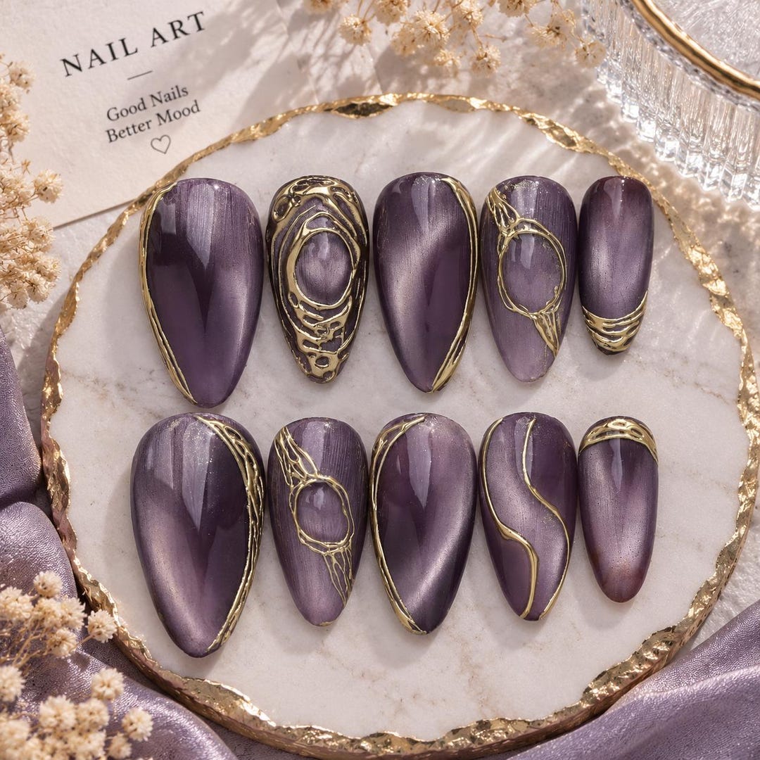 Purple Chrome Press-on Nails, Gold Abstract Art, Almond Fake Nails ...
