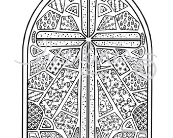Stained Glass Cross Large 2x3 Coloring Poster PLUS 8.5x11 Coloring Page (Digital Download)